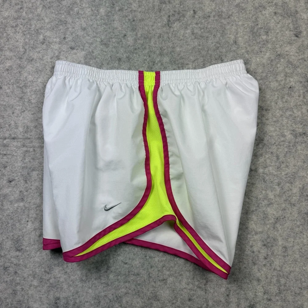 Women’s Nike Dri Fit White/pink/neon Yellow Lined Running Shorts Size Medium - Picture 10 of 14